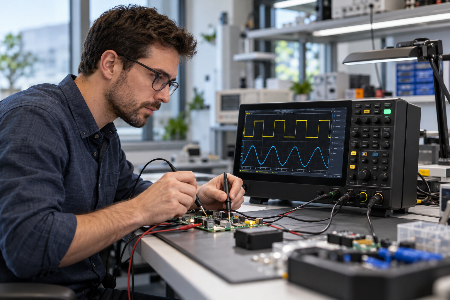 Engineer using an oscilloscope at an electronics workbench