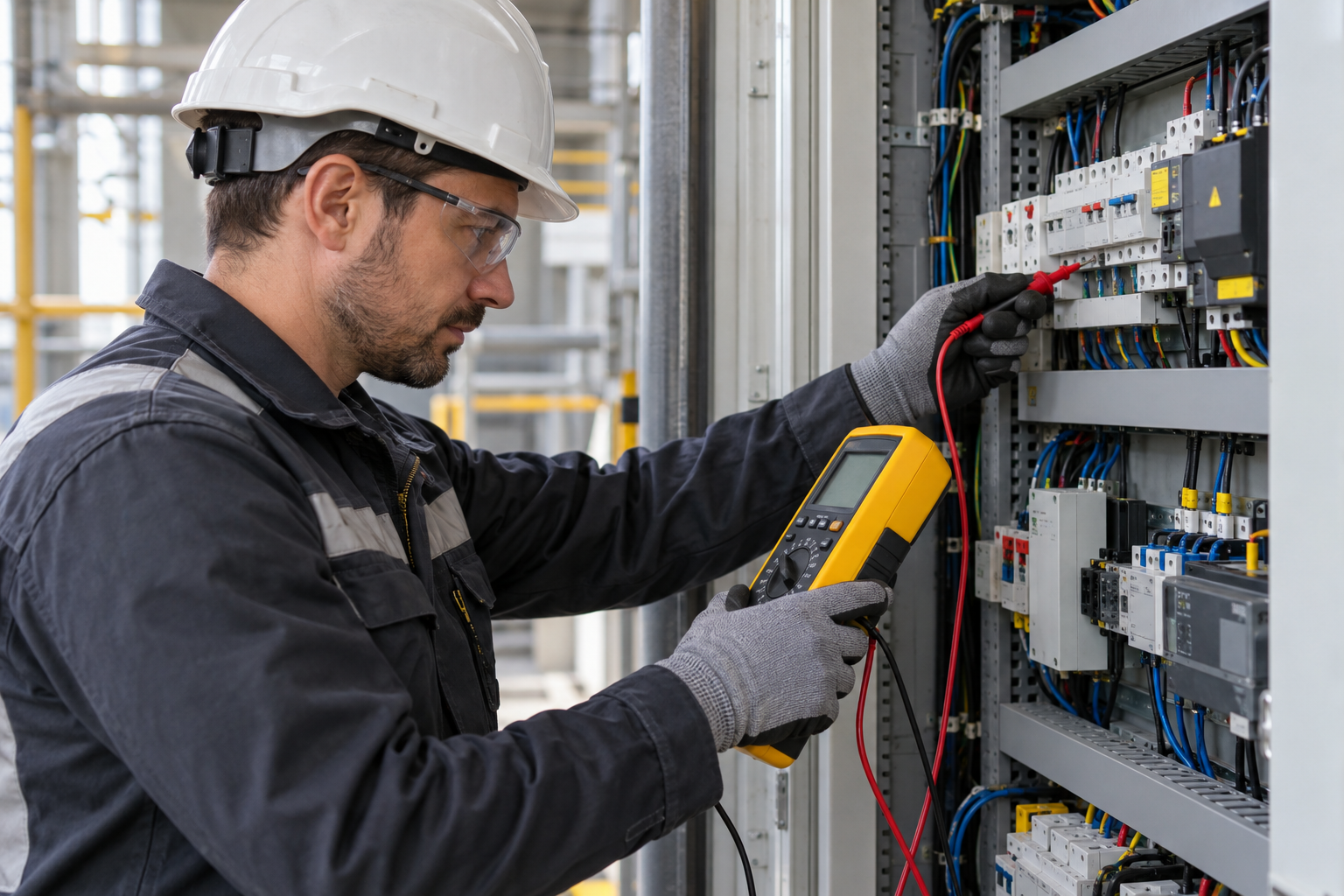 Technician using a portable electrical tester at a control cabinet